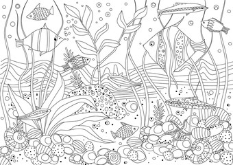 Fototapeta na wymiar fish tank with seaweed and rock stones for your coloring book