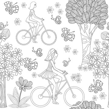 seamless pattern with pretty girls are riding on bikes and butte