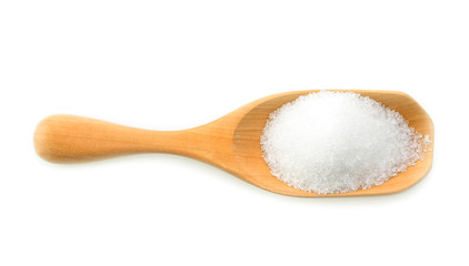Fototapeta na wymiar sugar in wood scoop on white background
