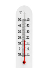 Atmospheric plastic meteorology thermometer isolated on white background. Air temperature 17 degrees