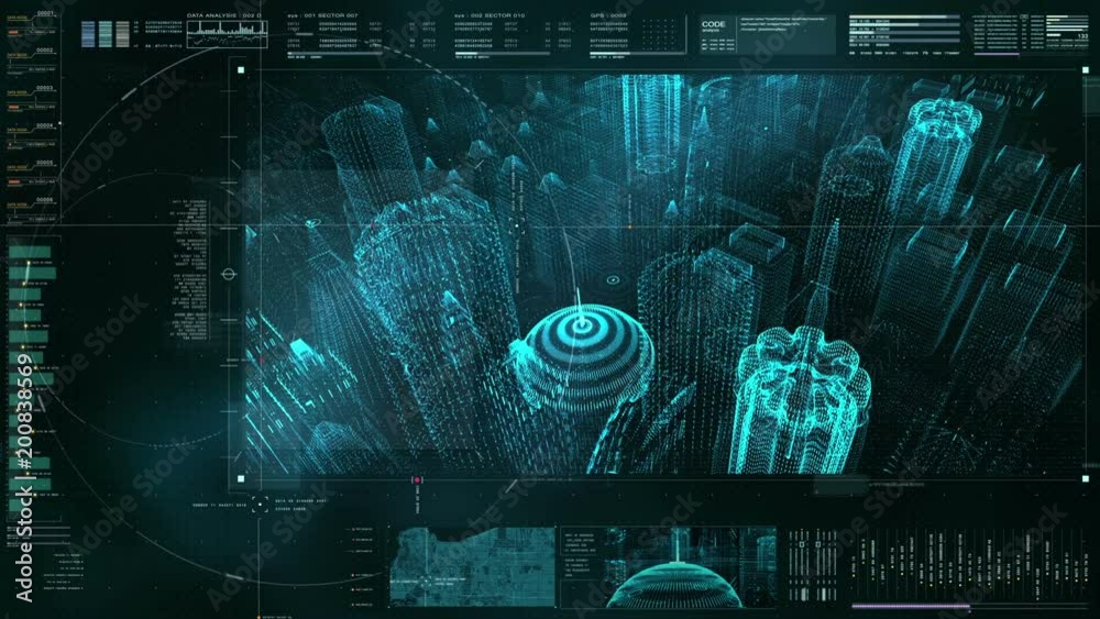Aufkleber Advance motion graphic futuristic user interface head up display screen with digital holographic city building data telemetry information display for digital background computer desktop display screen