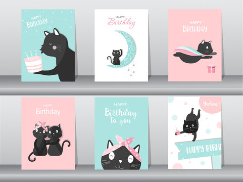 Set of cute cat on birthday backgrounds.Design for kid cards,Vector illustrations.