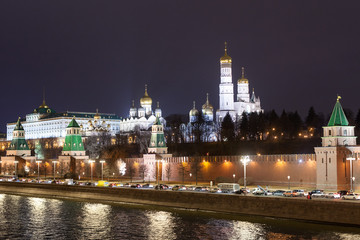Beautiful view of the Night Moscow from the waterfront. Kremlin wall. Red square