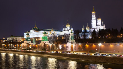 Fototapeta na wymiar Beautiful view of the Night Moscow from the waterfront. Kremlin wall. Red square