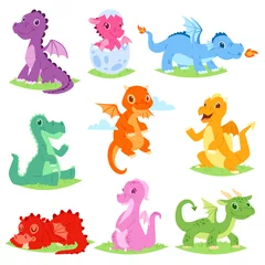 Glasschilderij Draak Cartoon draak vector schattige libel of baby dinosaurus illustratie set dino tekens uit van kinderen sprookje geïsoleerd op een witte achtergrond