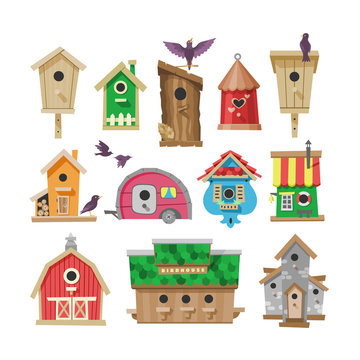 Birdhouse vector cartoon birdbox and birdie wooden house illustration set of birds singing birdsongs in decorative house isolated on white background