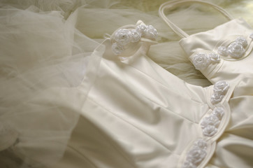 Fototapeta na wymiar Wedding dress with roses champagne color 