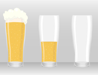 A beer glass, an empty and full beer glass. A glass of beer.