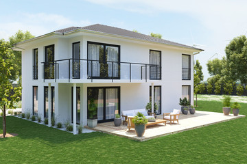 modern new house with large property. 3D rendering - obrazy, fototapety, plakaty