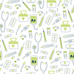 Medical Seamless Pattern. Hospital Elements - Thermometer, Stethoscope, Tablets and Syringe.