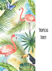 Watercolor vector vertical banner tropical leaves, Flamingo and Toucan isolated on white background.