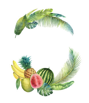 Watercolor vector wreath tropical leaves and fruits isolated on white background.