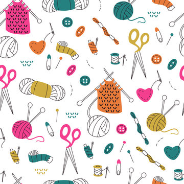 Seamless Pattern with Needlework Doodle on White Background.