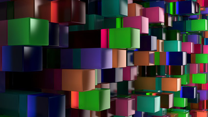 Wall of blue, green, pink and purple glass cubes