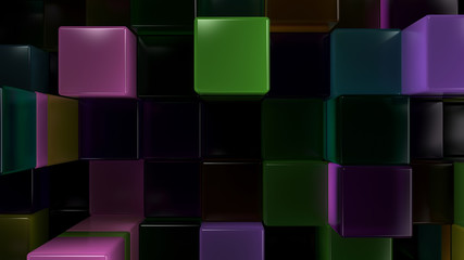 Wall of blue, green, brown and purple glass cubes