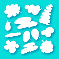 speech bubbles collection in paper cut style with shadows on sky blue.