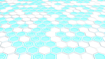 Abstract 3d background made of white hexagons on blue glowing background
