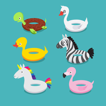 Swimming pool floats, inflatable animals flamingo, duck, unicorn, zebra, turtle, swan