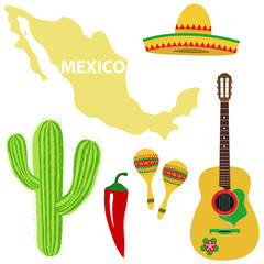 A set of Mexican. Sombrero, guitar, maracas, cactus, hot peppers. Map of Mexico.