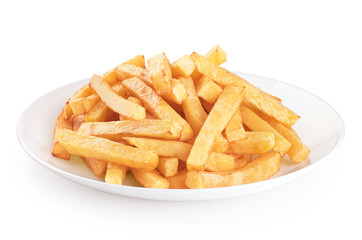 Plate with french fries isolated on white background.