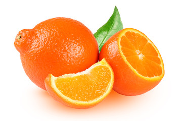 orange tangerine or mandarin with slices and leaf isolated on white background