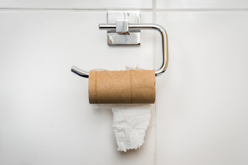 Empty toilet paper roll in public restroom