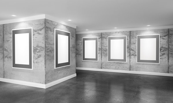 Modern concrete gallery room with directional spotlight and frames. Product artwork exhibition mock up. White art frames with black passepartout. 3d rendering illustration of gray cement interior