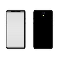 A modern model of a black smartphone. Face and back. Empty screen. Vector illustration for print, web, games and applications.
