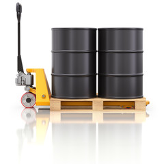 Pallet jack with wooden pallet and oil barrels