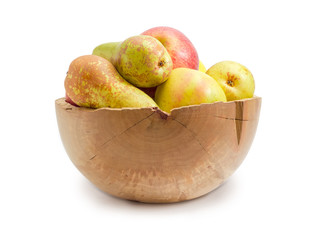 Apples and pears in the vintage wooden fruit bowl