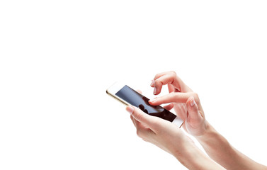 Closeup shot of a woman typing on mobile phone isolated on white background
