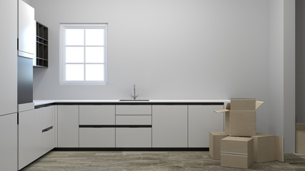 moving packing and unpacking boxes at new homes interiors of staged homes, including kitchens,rooms 3d rendering interior background