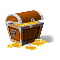Old pirate chest full of gold bars, vector, cartoon style, illustration, isolated. For games, advertising applications
