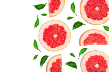Grapefruit slices with leaves isolated on white background with copy space for your text. Top view. Flat lay pattern