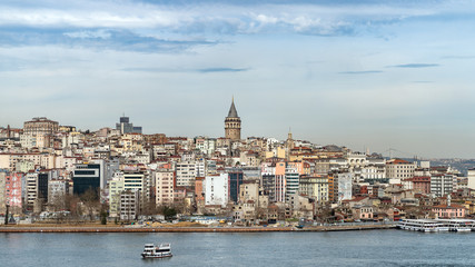 Fototapeta na wymiar Istanbul cityscape in Turkey with Galata Tower, 14th-century city landmark in the middle.