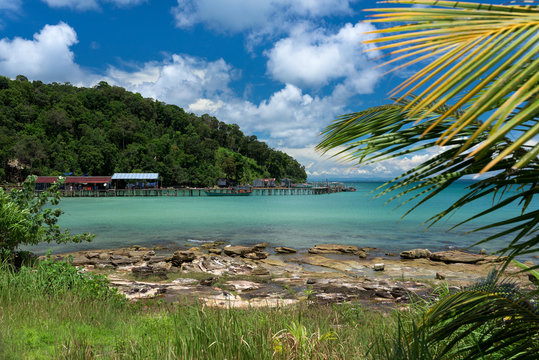 Tropical landscape of fisherman bay with turquoise clean water and pier in the. Koh Rong Samloem. Cambodia, Asia.