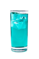 One-color, blue, transparent cocktail with ice cubes. Isolated white background. Side view. Drink in a glass glass for the menu restaurant, bar, cafe