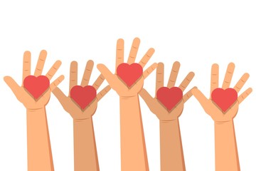 Donation banner concept. The hands gives the hearts. Vector illustration.