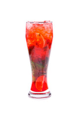 A single-colored, red cocktail in a tall glass with fine ice and lemon, lime and mint leaves. Side view. Isolated white background. Drink in a glass glass for the menu restaurant, bar, cafe
