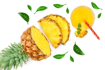 pineapple juice in a glass with with pineapple slices isolated on white background. Top view