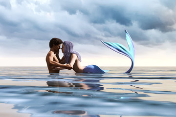 Naklejka premium A sea love story between man and a mermaid,3d Fantasy mermaid in mythical sea,Fantasy fairy tale of sea nymph,3d illustration for book cover or book illustration