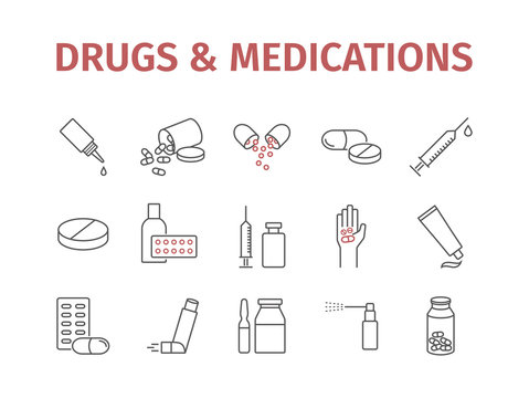 Medicine drugs pills. Medical supplies line icons set. Vector sign