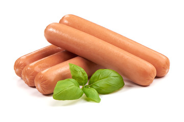 Boiled sausages with basil, isolated on white background.