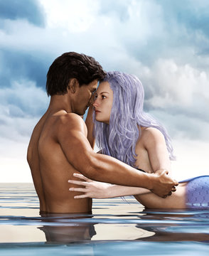 A sea love story between man and a mermaid,3d Fantasy mermaid in mythical sea,Fantasy fairy tale of sea nymph,3d illustration for book cover or book illustration