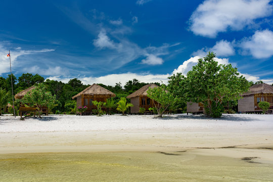 Wooden beach hut on Koh Rong Samloem Island, Cambodia. Saracen Bay. 