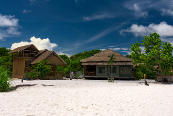 Wooden beach hut on Koh Rong Samloem Island, Cambodia. Saracen Bay. 