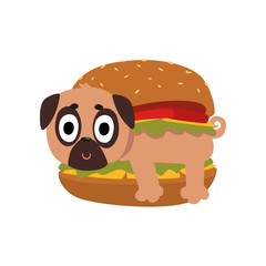 Cute pug dog in hamburger, funny dog character inside fast food product vector Illustration on a white background