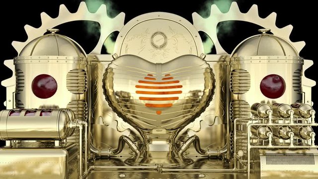 The steampunk stylized machine: the blood enters the reservoir tanks (the centrifuges) and then burns in the love heart-shaped furnace. UHD - 4K - 3D Rendering