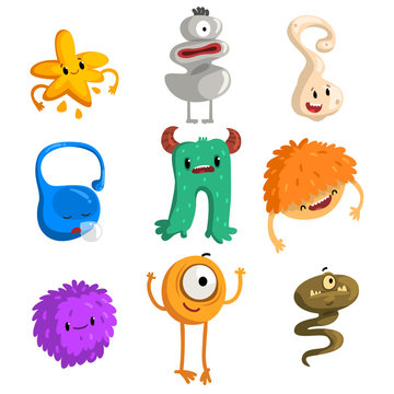 Flat vector set of funny little monsters. Cartoon fantastic creatures for children book, mobile game, print or postcard