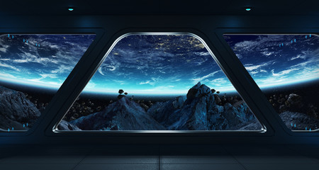 Fototapeta premium Statek kosmiczny futurystyczny wnętrze z widokiem na planety ziemi